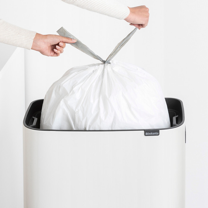 Brabantia Bo Touch Bin Hi Trash Can 60L with Plastic Inner Bucket - White product in use