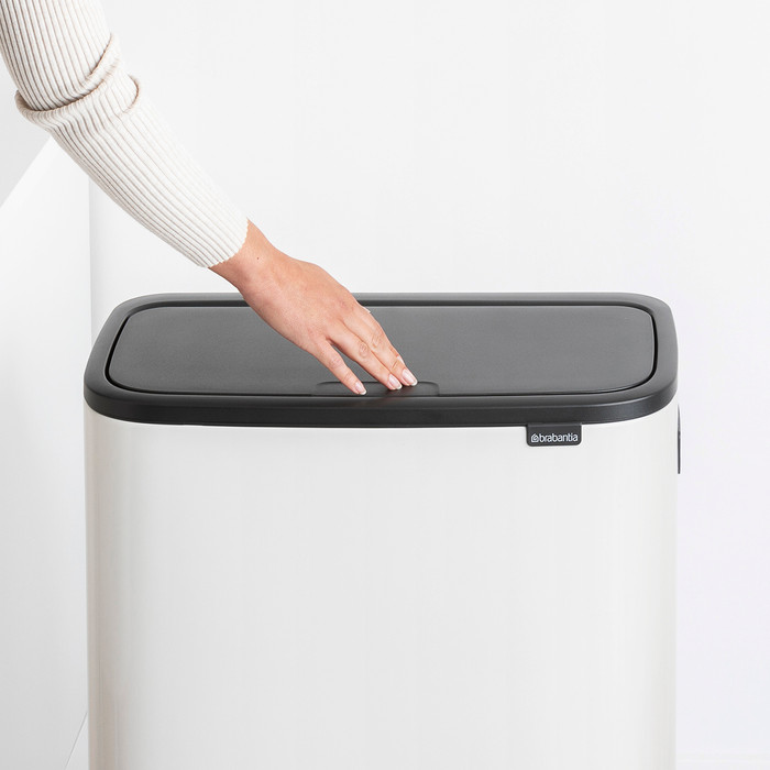 Brabantia Bo Touch Bin Hi Trash Can 60L with Plastic Inner Bucket - White product in use
