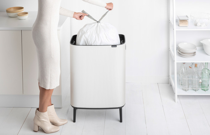 Brabantia Bo Touch Bin Hi Trash Can 60L with Plastic Inner Bucket - White product in use