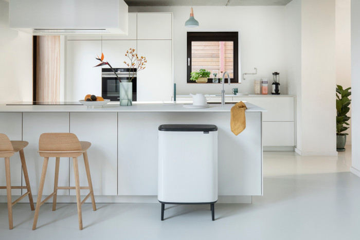 Brabantia Bo Touch Bin Hi Trash Can 60L with Plastic Inner Bucket - White product in use