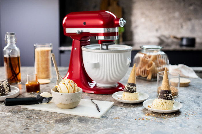 KitchenAid Artisan Mixer 5KSM125 Contour Silver + Ice Cream Maker Attachment product in use