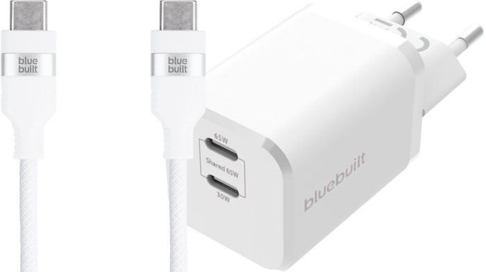 BlueBuilt Power Delivery Oplader met 2 Usb C Poorten 65W + Usb C Kabel 3m Nylon Wit Main Image