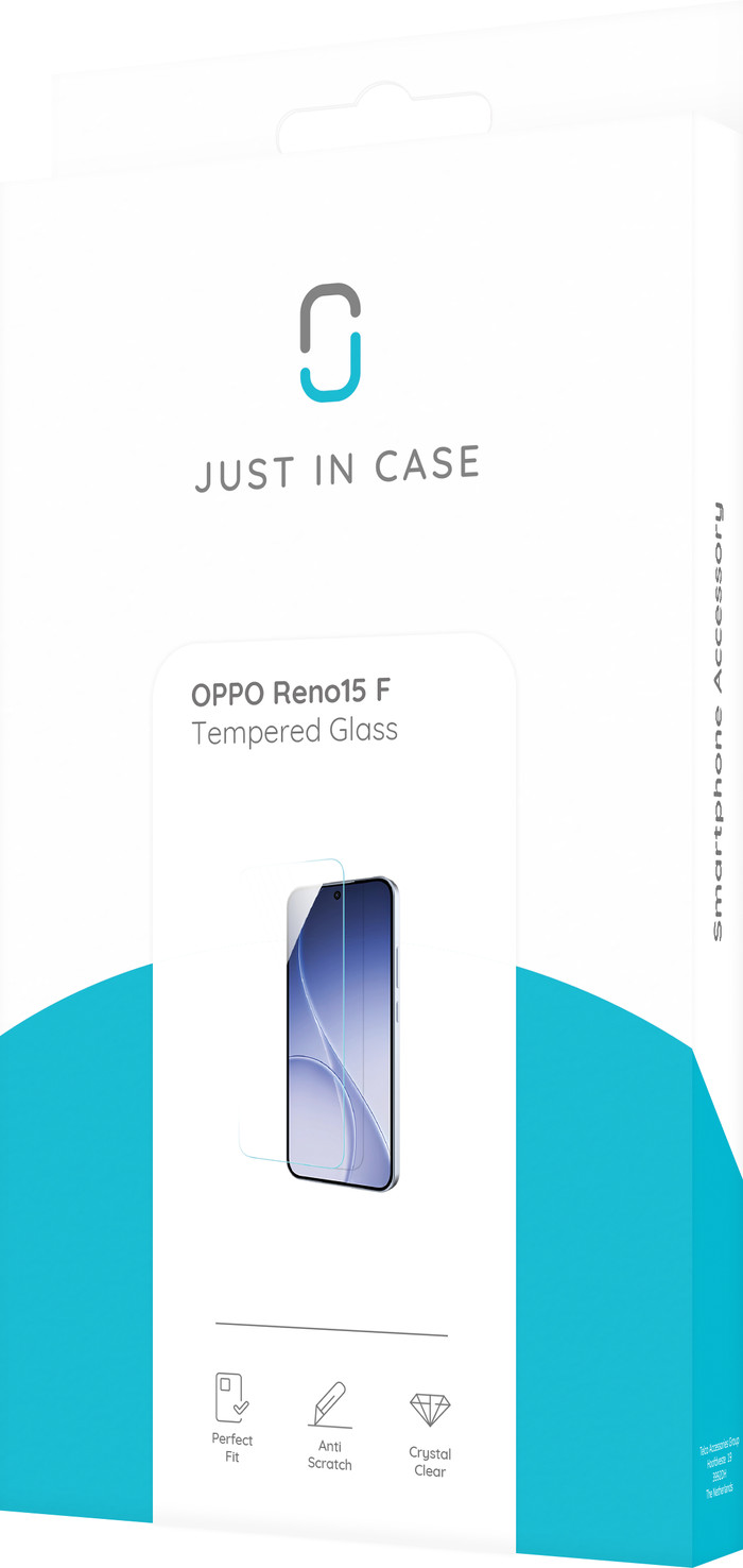 Just In Case Tempered Glass OPPO Reno15 F Screenprotector verpakking