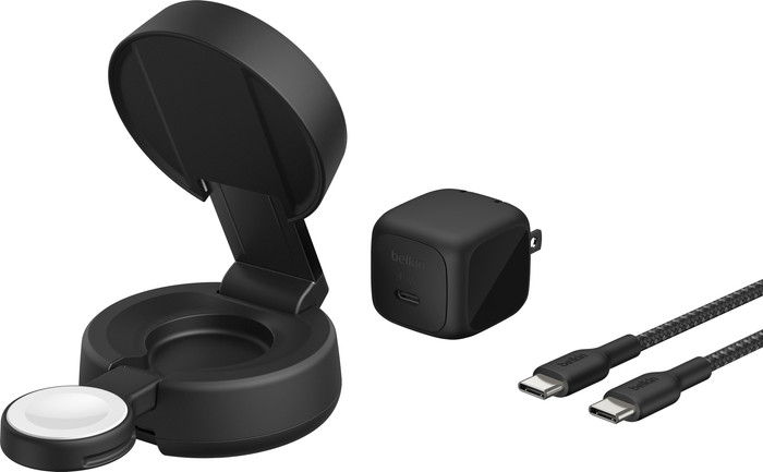Belkin UltraCharge Pro Chargeur Sans Fil 2-en-1 MagSafe avec Support Qi2 25 W Noir avant