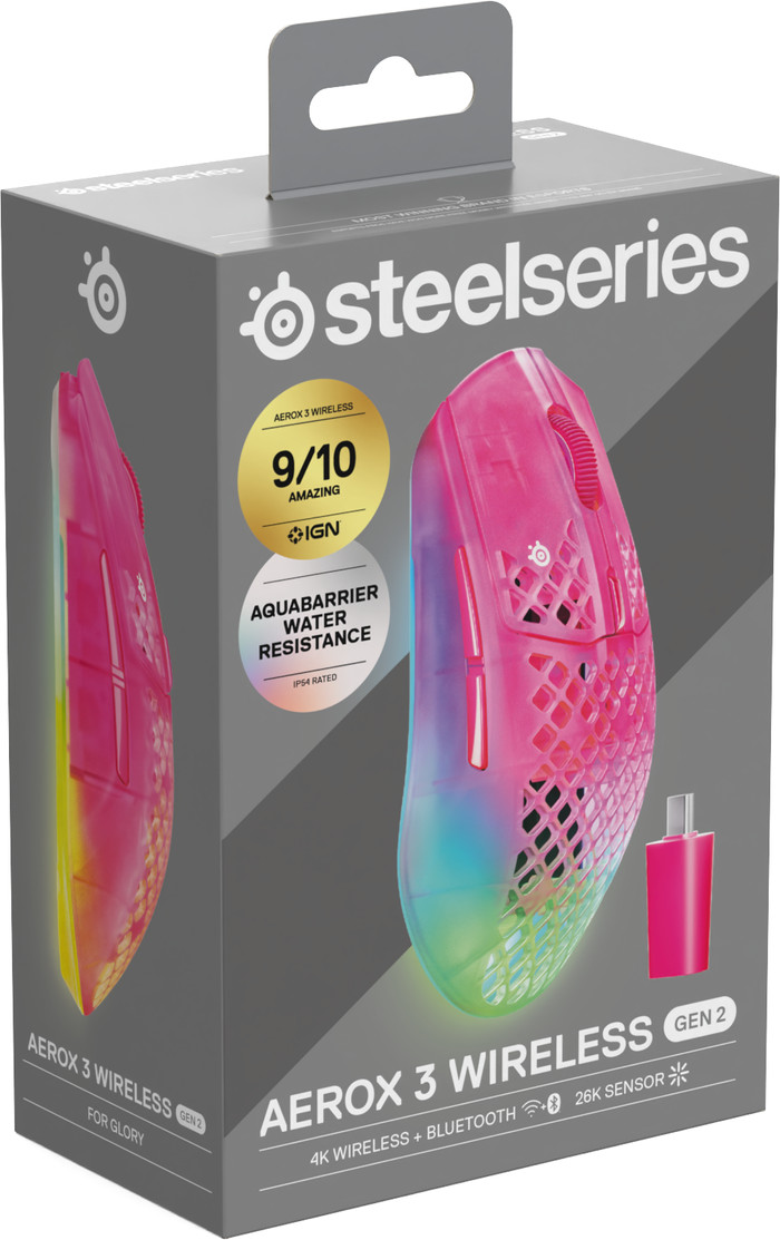 SteelSeries Aerox 3 Draadloze Gaming Muis Magenta verpakking