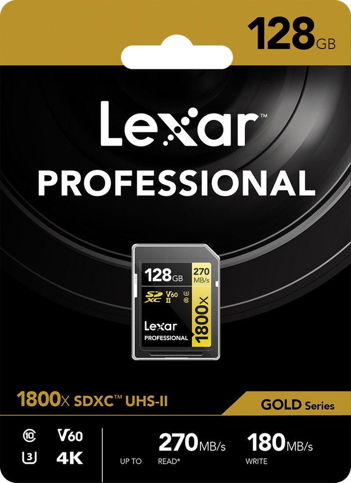 Lexar Professional SDXC 1800x GOLD 128GB 180MB/s packaging