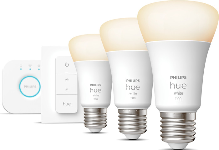 Philips Hue White Starter Pack E27 met 3 lampen, dimmer + Bridge voorkant