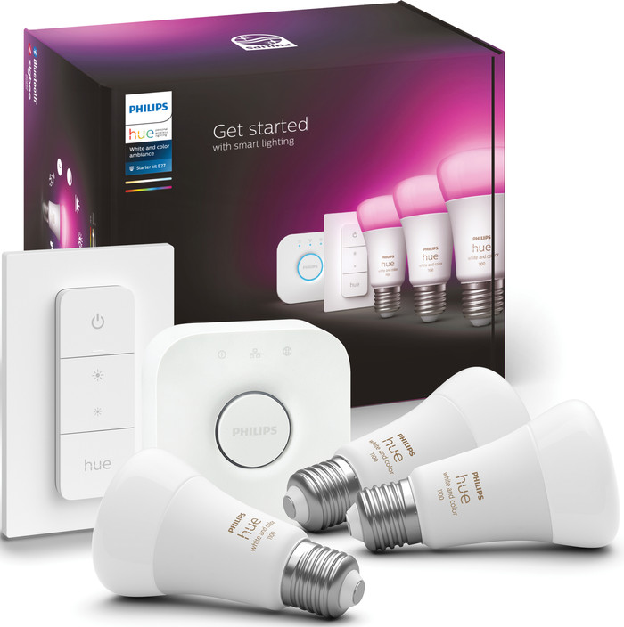 Philips Hue White and Color Starter Pack E27 with 3 Lights + Dimmer + Bridge null