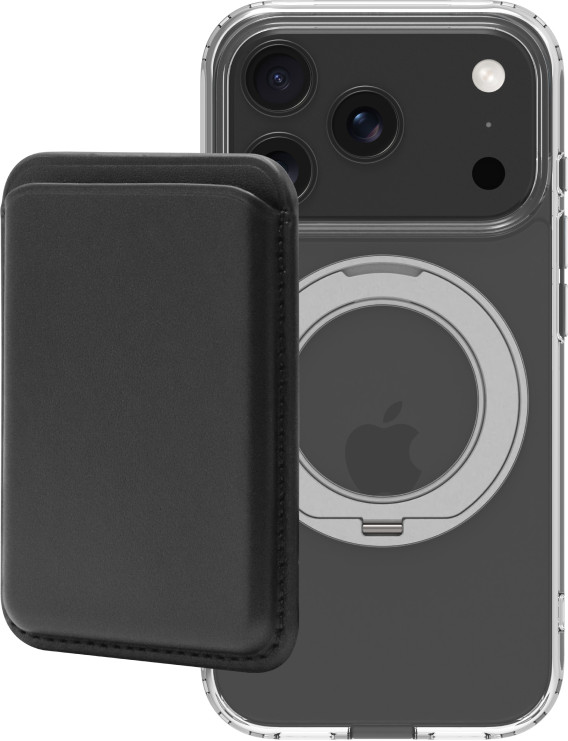 BlueBuilt MagSafe Hoesje en Standaard iPhone 18 Pro Transparant + Kaarthouder Leer Zwart Main Image