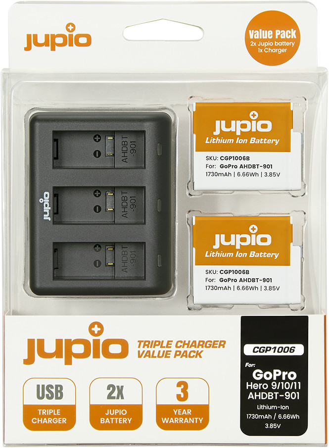 Jupio Kit: Enduro Battery GoPro HERO 10/11/12 AHDBT-901 (2x) + Compact USB Triple Charger packaging
