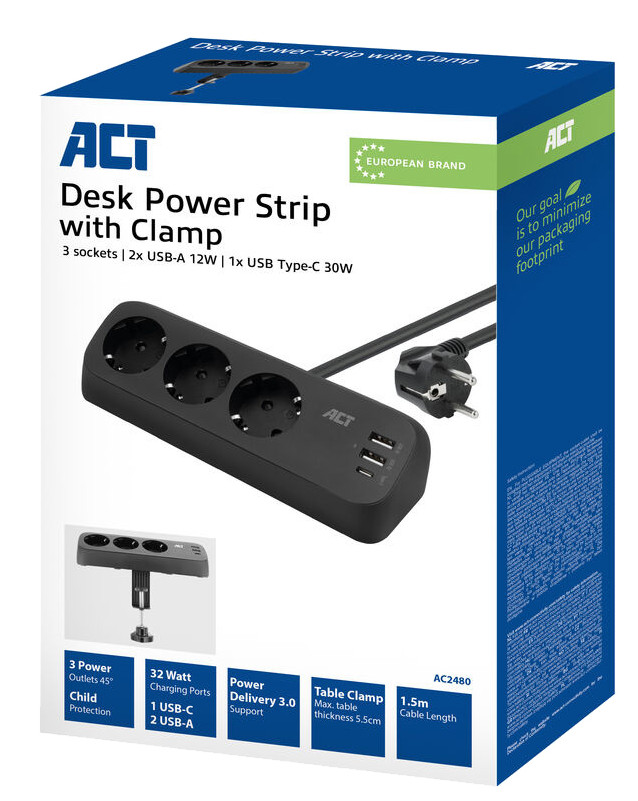 ACT AC2480 Bureau Stekkerdoos 3-voudig 1,5 meter 3x Usb 30W Zwart verpakking