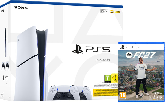 PlayStation 5 Slim Disc Edition + EA Sports FC 27 + Manette Supplémentaire Blanc Main Image