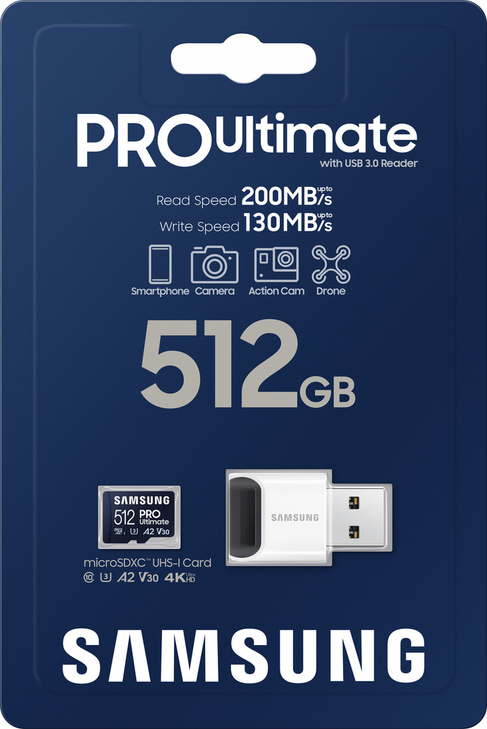 Samsung microSDXC PRO Ultimate 512GB 130MB/s + USB Reader packaging