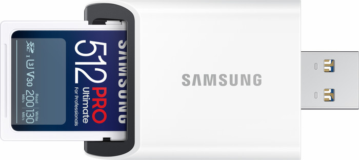 Samsung SDXC PRO Ultimate 512GB 130MB/s + USB lezer product in gebruik