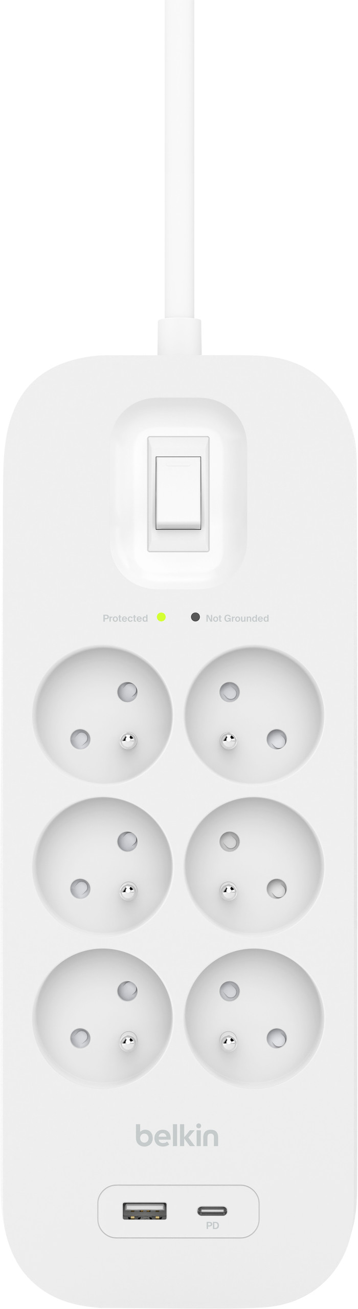 Belkin Parafoudre 6 Prises 2 Mètres USB-C Blanc avant