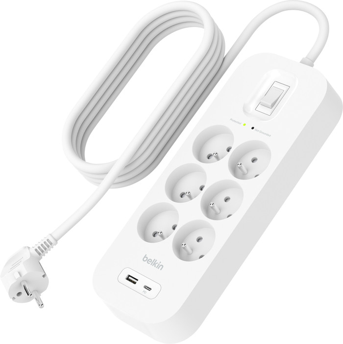 Belkin Parafoudre 6 Prises 2 Mètres USB-C Blanc côté droit