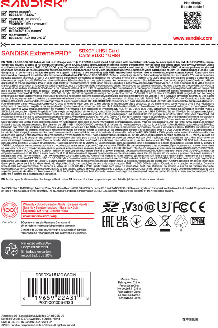 SANDISK Extreme PRO SDXC 512GB 250MB/s verpakking
