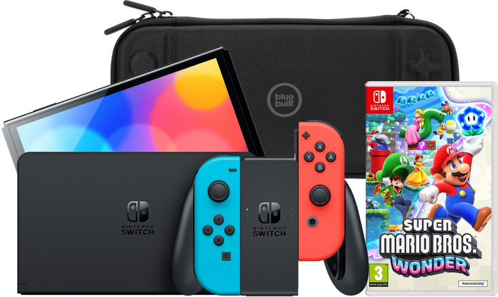 Nintendo Switch OLED Blauw/Rood + Super Mario Bros. Wonder + BlueBuilt Beschermhoes Main Image