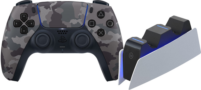 Sony PlayStation 5 DualSense Wireless Controller Gray Camo + BlueBuilt Charging Dock Main Image