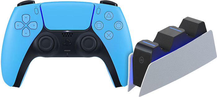 Sony PlayStation 5 DualSense Wireless Controller Starlight Blue + BlueBuilt Charging Dock Main Image