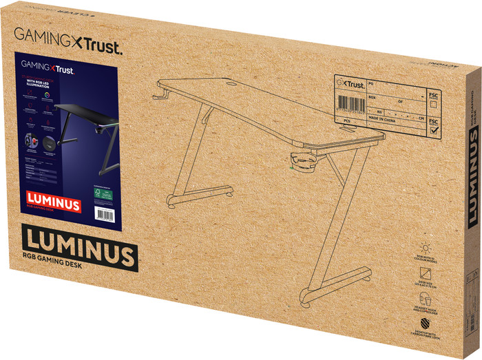 Trust GXT709 Luminus RGB Gaming Desk White packaging