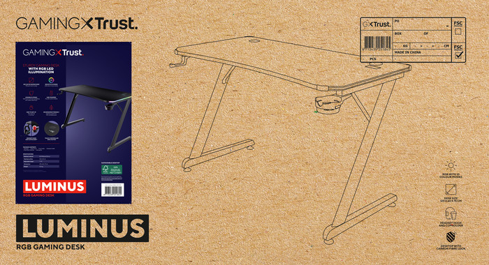 Trust GXT709 Luminus RGB Gaming Desk White packaging