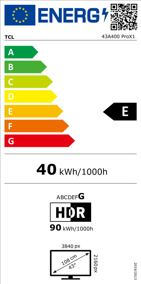 TCL QLED 43" A400 Pro (2026) energielabel