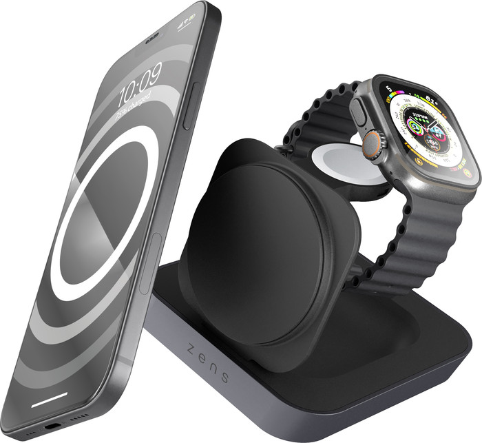 ZENS MagSafe en Qi2 Draadloze Oplader 15W met Standaard en Watch Stand product in gebruik