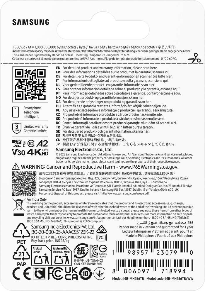 Samsung MicroSDXC T9 256GB 200MB/s + USB lezer verpakking
