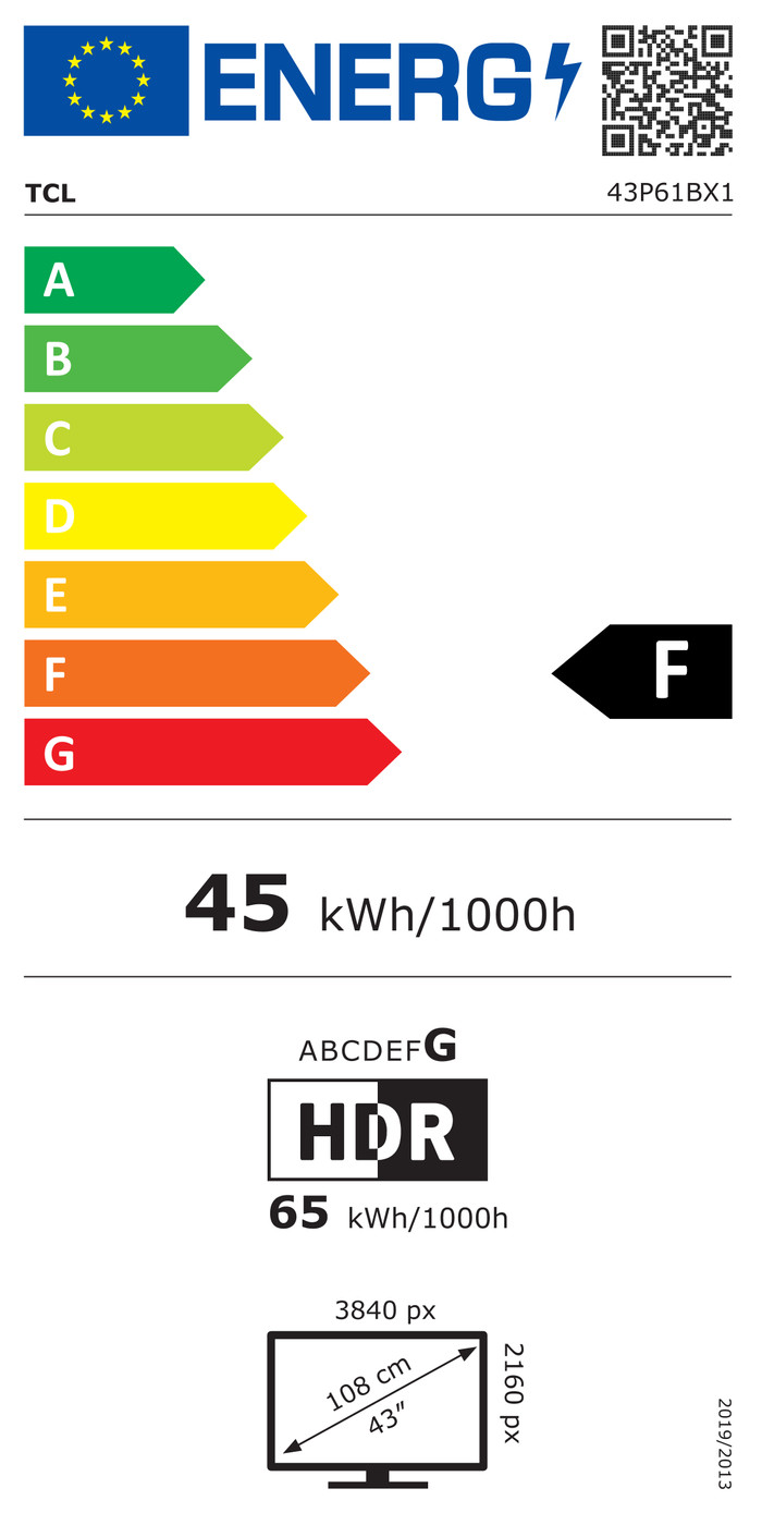 TCL 4K LED 43P61B + TCL S45H 2.0 Barre de Son classe énergétique