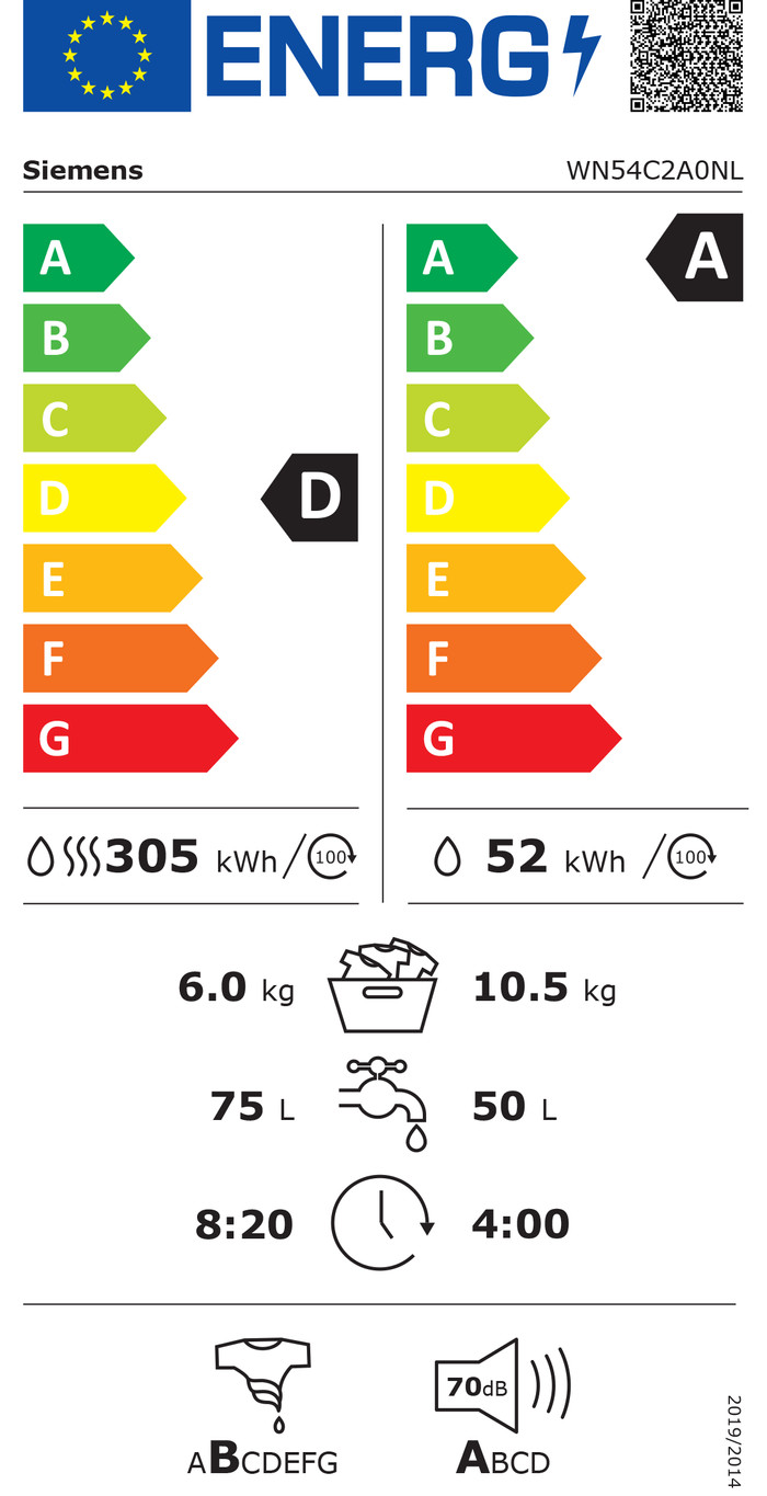Siemens WN54C2A0NL 10.5/6 kg energy label