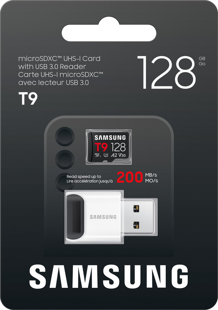 Samsung MicroSDXC T9 128GB 200MB/s + USB lezer verpakking