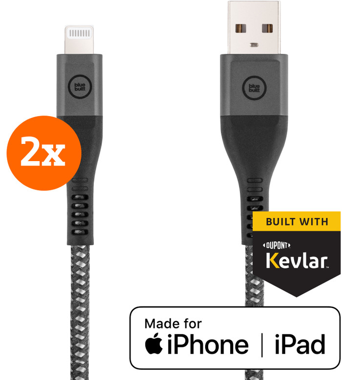 BlueBuilt USB-A to Lightning Cable 1.5m Kevlar Black Duo Pack Main Image