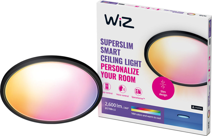 WiZ Plafondlamp SuperSlim - Zwart - Gekleurd en Wit licht voorkant