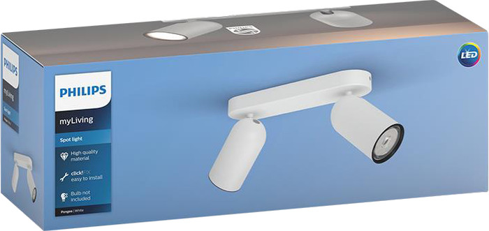 Philips Pongee Mounted Spot Light - 2 Spot Lights - White + Philips Hue White Ambiance GU10 (2x) packaging