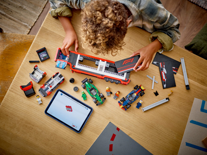 LEGO City F1 Truck with RB20 and AMR24 F1 Cars 60445 product in use