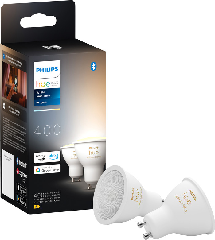 Philips Pongee opbouwspot - 4 spots - wit + Philips Hue White Ambiance GU10 (4x) voorkant