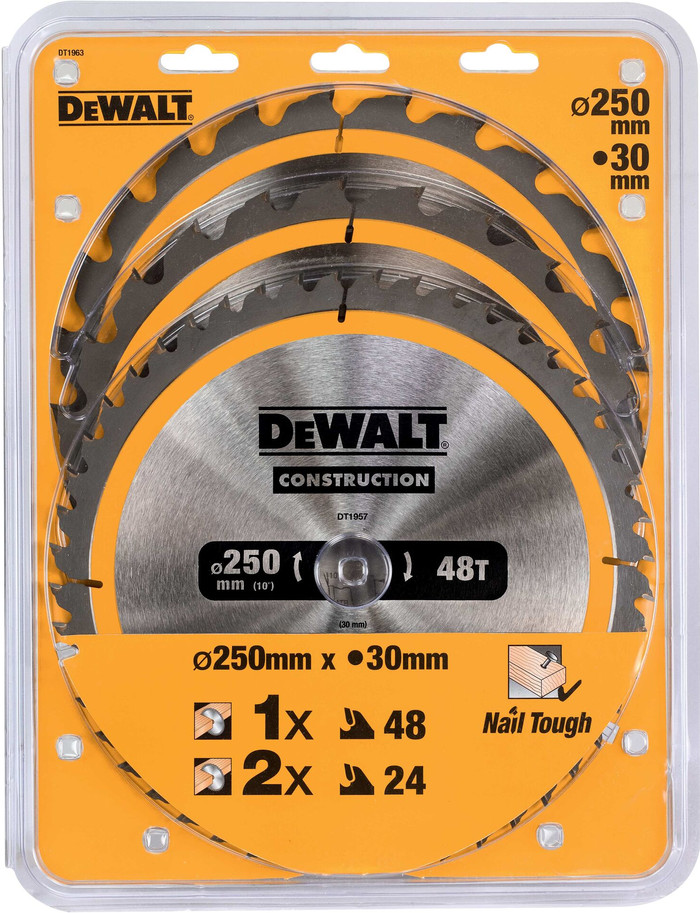 DeWalt Set de Lames pour Scies Circulaires 250 mm 3 pièces 24T (2x), 48T emballage