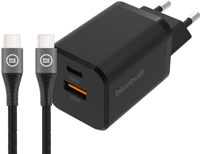 BlueBuilt Snellader met 2 Usb Poorten 38W Zwart + Usb C Kabel 1,5m Main Image