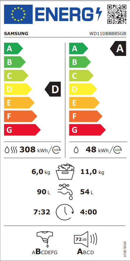 Samsung WD11DB8B85GB QuickDrive - 11/6 kg classe énergétique