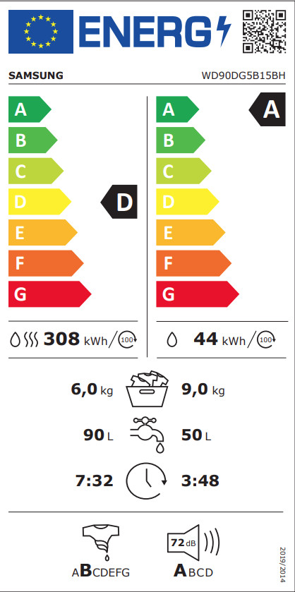 Samsung WD90DG5B15BH EcoBubble - 9/6kg energy label