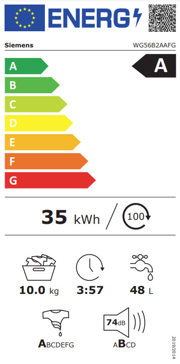 Siemens WG56B2AAFG intelligentDosing energy label