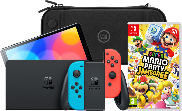 Nintendo Switch OLED Bleu/Rouge + Mario Party Jamboree + BlueBuilt Housse de Protection Main Image