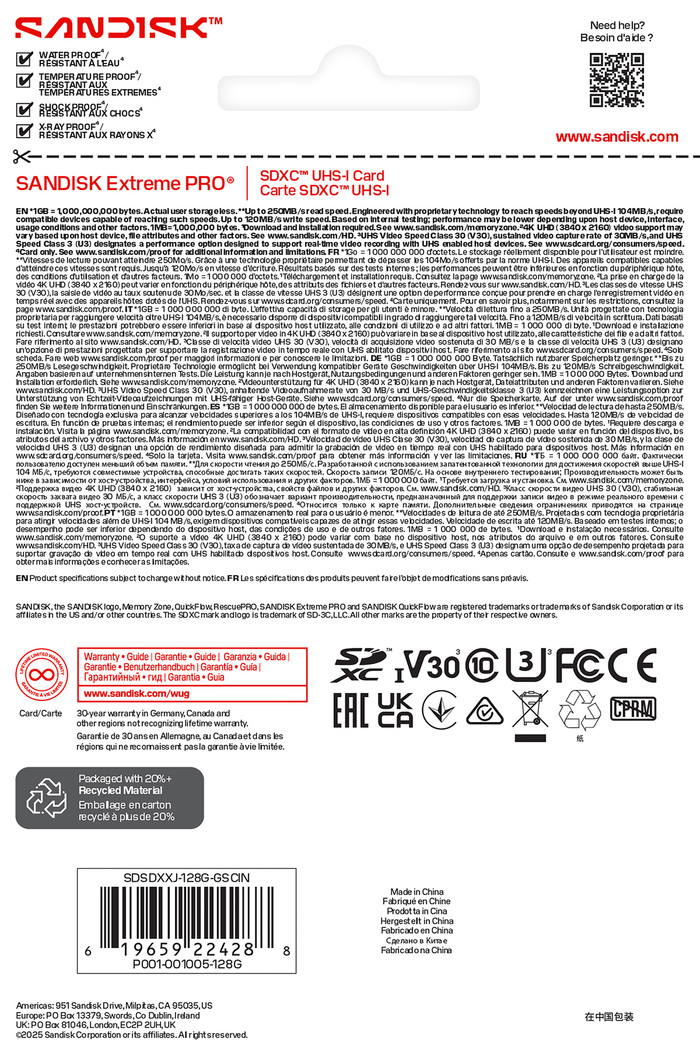 SANDISK Extreme PRO SDXC 128GB 250MB/s verpakking