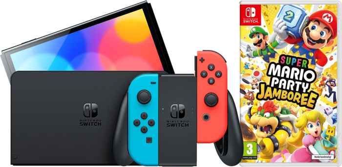 Nintendo Switch OLED Blauw Rood + Mario Party Jamboree Main Image