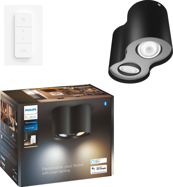 Philips Hue Pillar Opbouwspot White Ambiance - Zwart - 2-spots + Dimmer voorkant