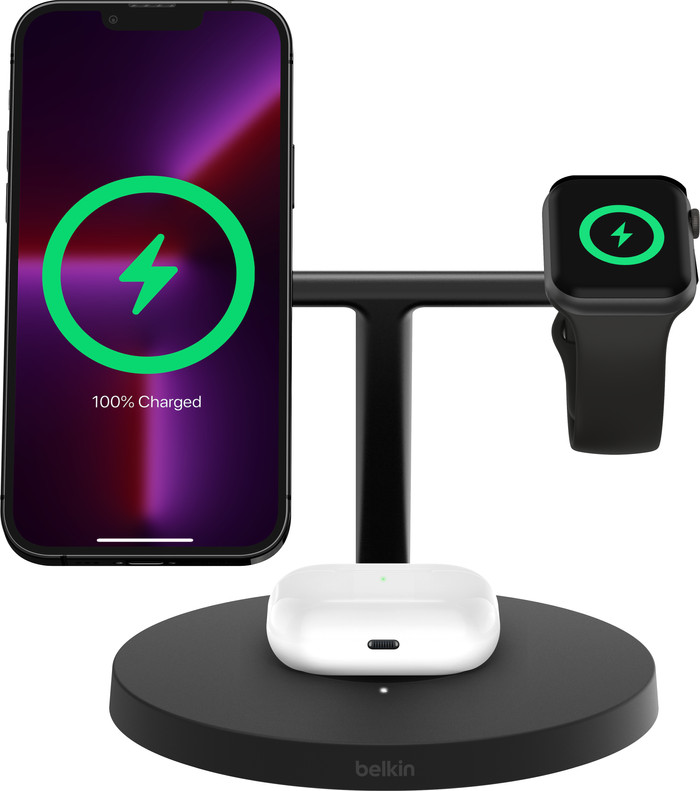 Belkin Boost Charge Pro Chargeur Sans Fil MagSafe et Qi2 3-en-1 15 W avec Support Noir avant