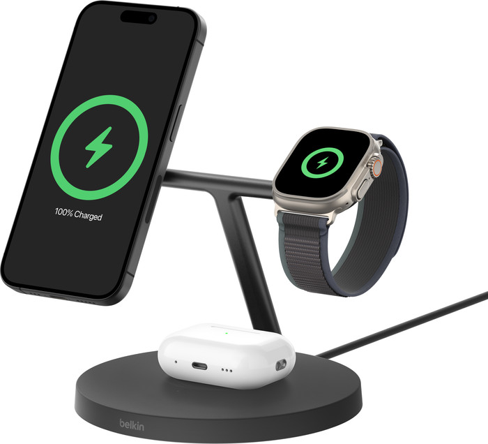 Belkin Boost Charge Pro Chargeur Sans Fil MagSafe et Qi2 3-en-1 15 W avec Support Noir Main Image