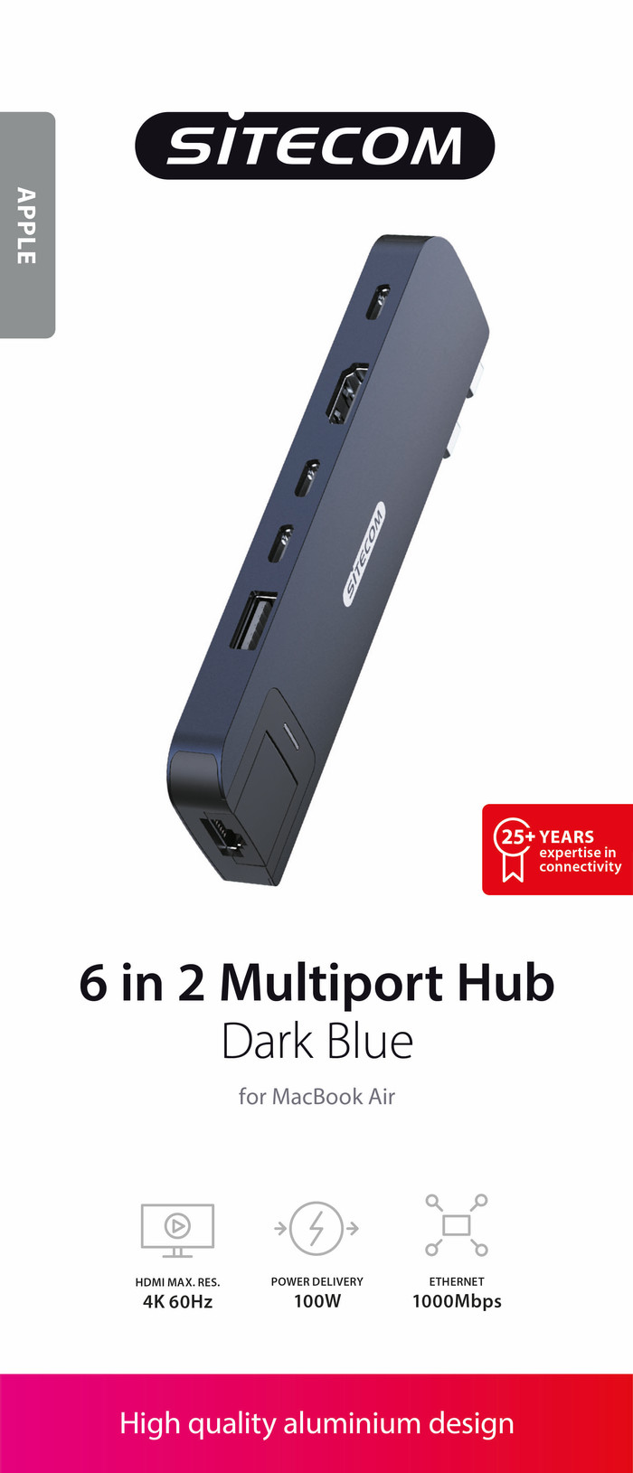 Sitecom MacBook Air Multiport Hub 6-en-2 Bleu Foncé emballage