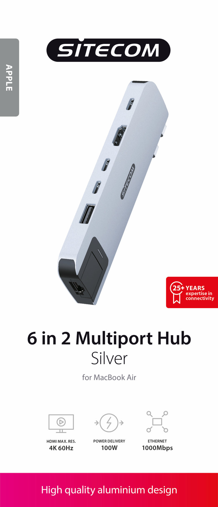 Sitecom MacBook Air Multiport Hub 6 in 2 Zilver verpakking